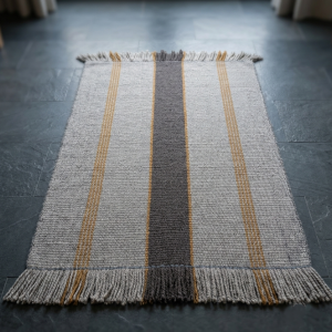 Bajada de cama gris cafe y vicuña 144x69 cm.