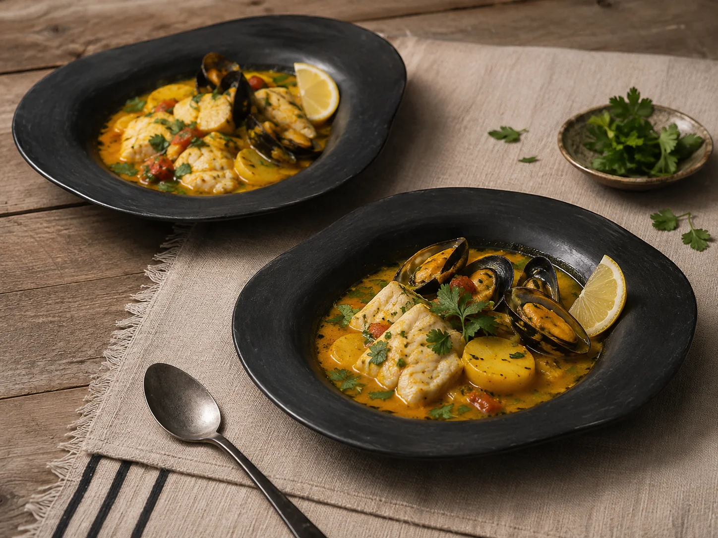 Caldillo de pescado y choritos al azafrán